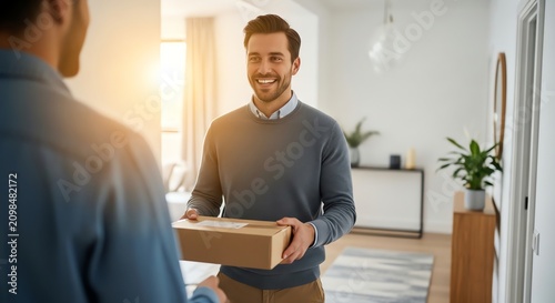 Man receiving package indoors with bright sunlight streaming in