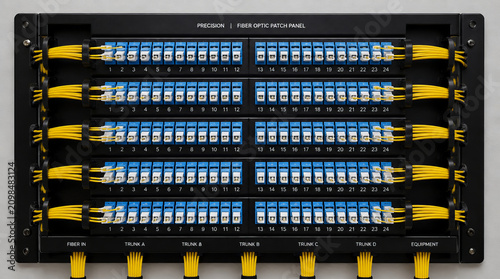 Precision fiber optic patch panel features organized fiber optic jumpers, showcasing neat arrangement for efficient connectivity and management