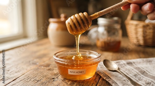Honey being drizzled into a glass bowl. Close-up of natural honey pouring, food preparation, and sweetening process.