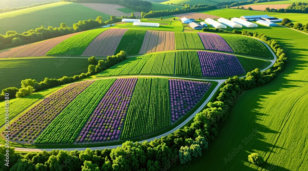 Obraz premium Aerial view shows lush green fields and purple lavender rows on rolling hills. Farm buildings with greenhouses sit on horizon. Colorful cultivated agriculture landscape in summer sun.