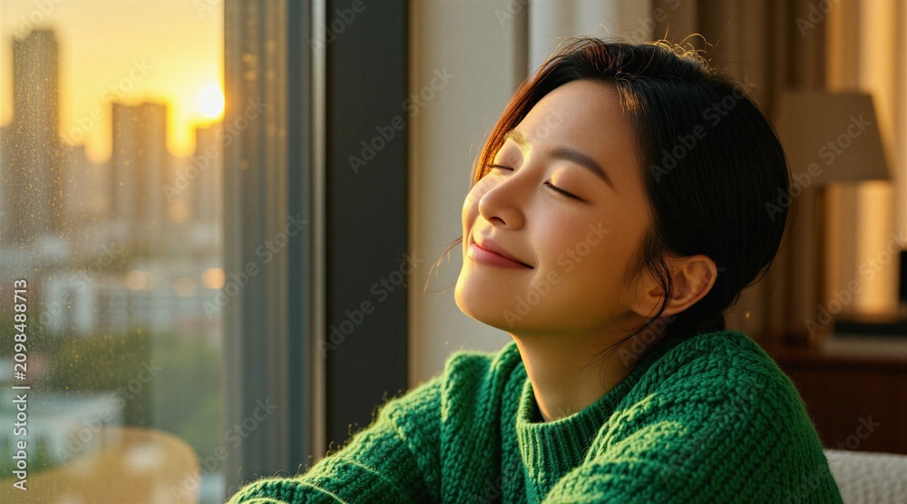 Obraz premium Young Asian woman stands near window at home during sunset golden hour. Female person with closed eyes smiles peacefully, enjoys warm sunlight light. Calm girl feels happy relaxed, rests inside cozy