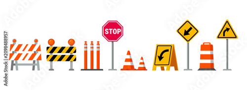 Foto Road construction signs and barriers set on white background