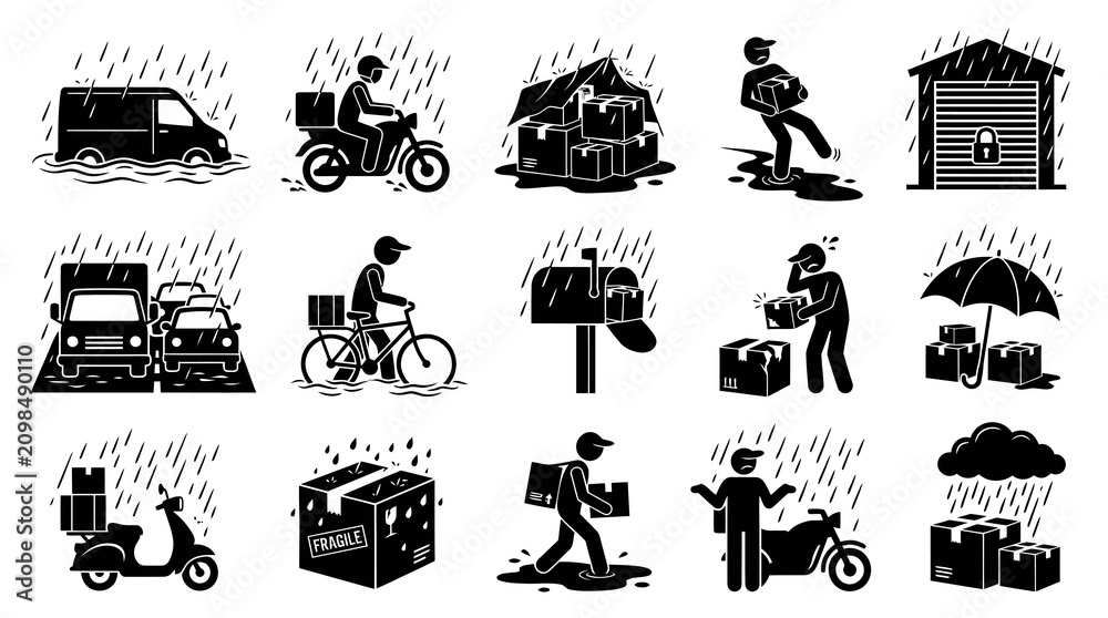 Fototapeta premium Shipping and Postal Service Solid Icons: Packages, Couriers, and Vehicles in Rain