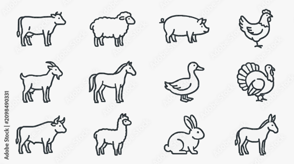 Fototapeta premium Sleek Black and White Line Drawing Set of Farm and Barnyard Animals with high quality professional line art symbols for modern creative design and digital branding projects