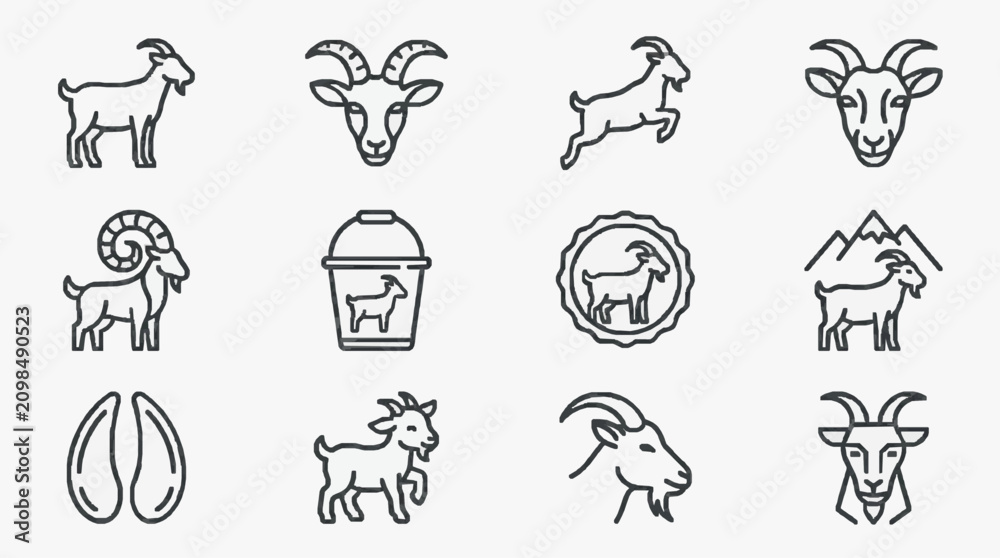 Fototapeta premium Minimalist Black and White Line Art Collection of Goats and Ram Symbols with Various Stylized Depictions