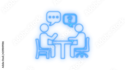 Glowing neon job interview or business meeting icon isolated on transparent background. Consultation. HR recruitment. Dialogue. Conversation