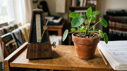 Close-up of a wooden mechanical metronome engraved with the word discipline next to a potted pilea plant and sheet music on a wooden desk in a well-lit home study room.