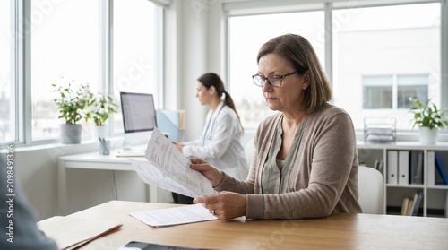 Patient Reading Medical Documents During Consultation with Professional Staff at a Modern Clinic Office