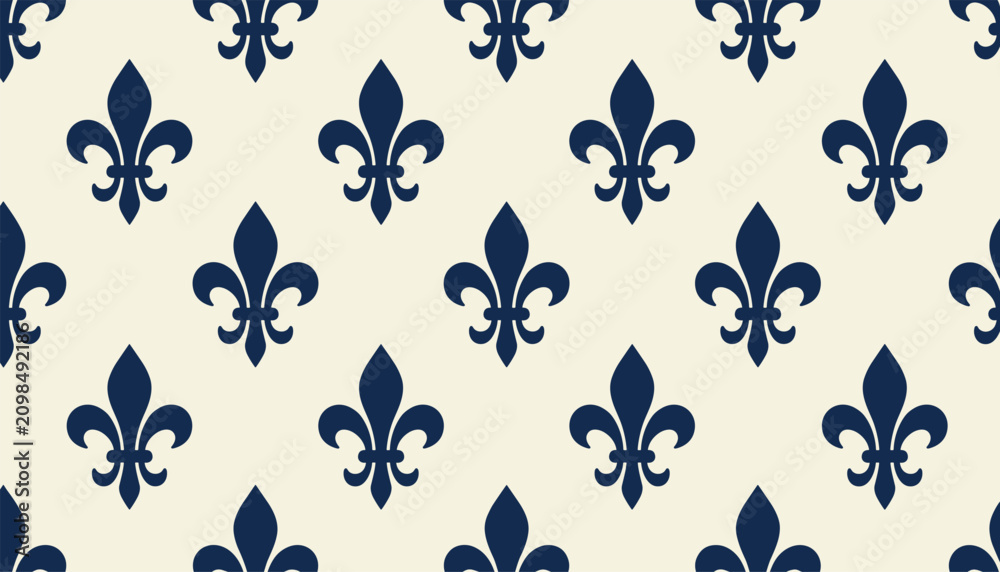 Fototapeta premium Elegant seamless pattern of navy blue fleur-de-lis symbols arranged in a diagonal grid on a cream background.