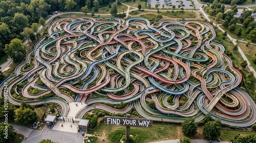 High angle shot of an immense, colorful tangled walkway maze and intricate path network in a park, featuring a wooden sign reading 