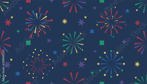 Festive seamless pattern featuring colorful sparkling fireworks and bright stars bursting across a dark blue night sky.