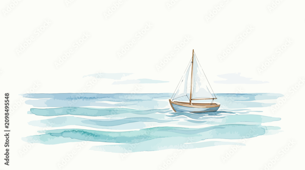 Fototapeta premium Watercolor Sailboat on Calm Blue Ocean Sea, Minimalist Nautical Illustration