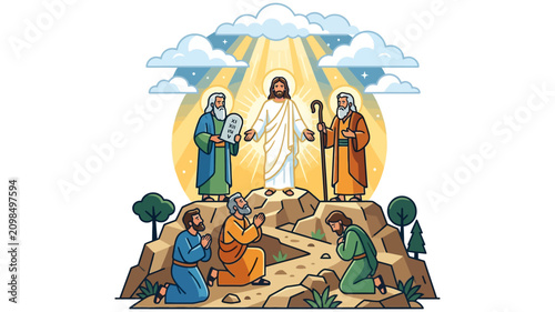 The Transfiguration of Jesus on the Mountain With Moses, Elijah and Kneeling Disciples in Glory