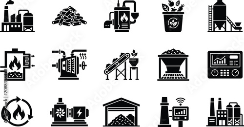 Set of biomass energy icons, including pellet production, industrial boilers, renewable fuel processing, and power generation technology