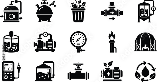 Set of industrial and chemical process icons, including tanks, pumps, valves, gauges, and recycling symbols for manufacturing and engineering applications