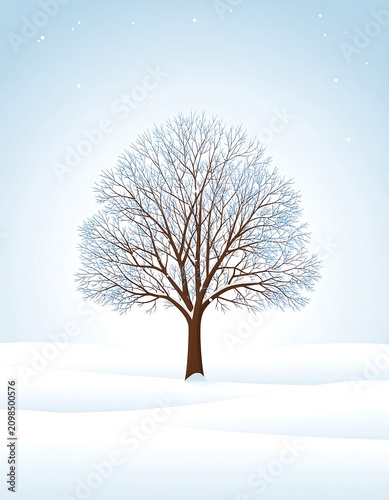 Solitary bare tree in snowy landscape winter season