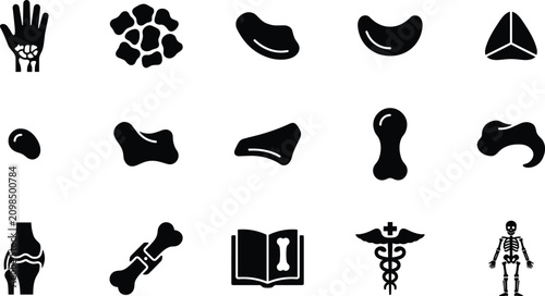 Foto Set of bone and skeleton icons, including human hand, joints, medical symbols, a