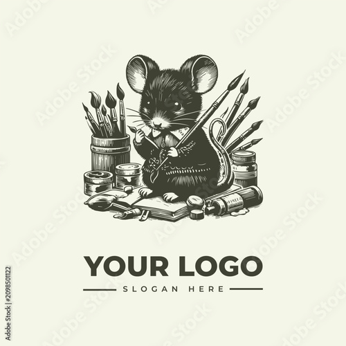 Vintage style hand drawn illustration of a cute mouse artist with painting supplies.