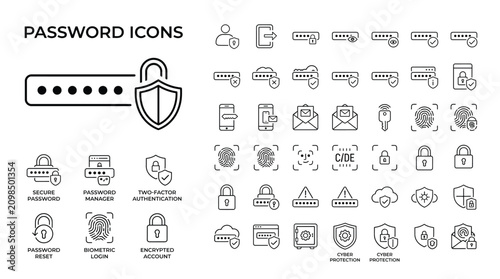 Set of password and security icons, vector illustration of cyber protection