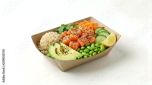 Fresh Salmon Poke Bowl with Avocado in Cardboard Container