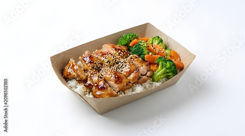 Chicken Teriyaki Rice Bowl with Broccoli in Cardboard Tray