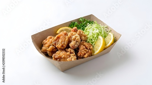 Japanese Fried Chicken Karaage in Takeout Box with Lemon