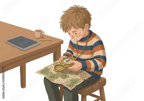 Photos A young boy uses an analog compass and map during a power outage, relying on traditional navigation