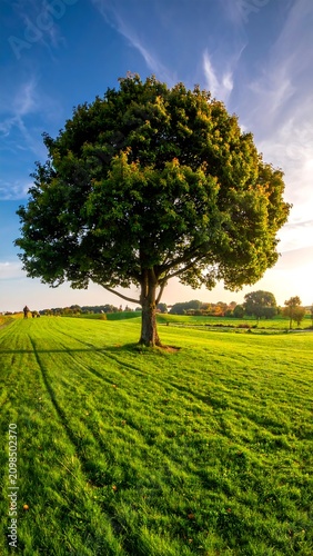Solitary tree in lush green field under bright blue sky