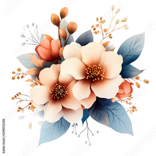 Watercolor floral bouquet with peach flowers and dark blue leaves isolated on a transparent background
