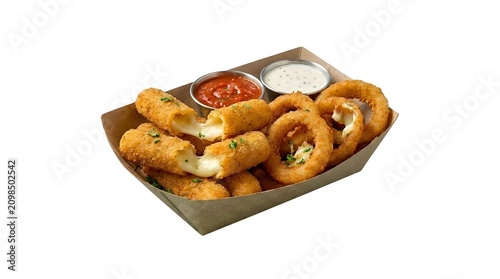 Fried Mozzarella Sticks and Onion Rings with Marinara and Ranch Dip