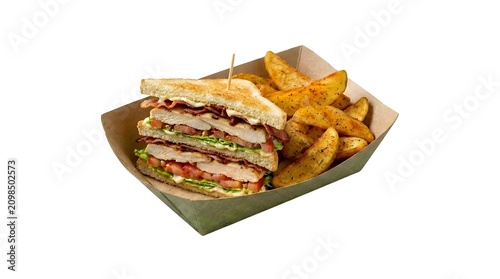 Chicken Club Sandwich and Potato Wedges in Takeaway Tray