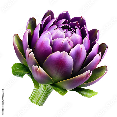Fresh purple artichoke flower with green leaves isolated on a transparent background