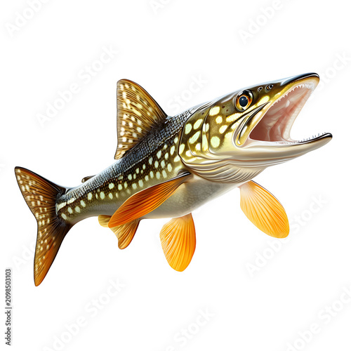 Northern pike fish with open mouth and sharp teeth isolated on a transparent background
