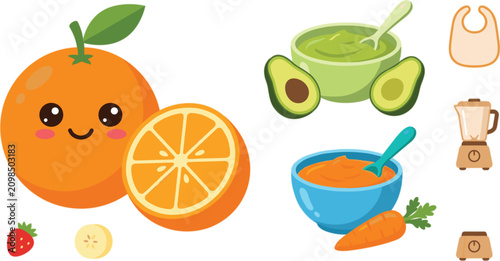 Obraz na plátně Set of healthy baby food puree with cute orange character