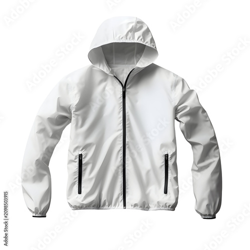 Blank white hooded windbreaker jacket with black zippers isolated on a transparent background