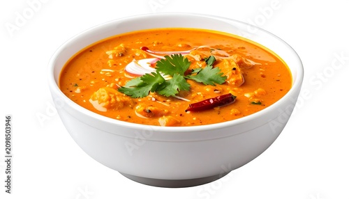 Spicy chicken curry dish garnished with herbs and radish slices