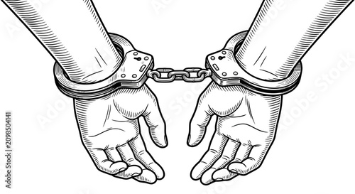 Canvastavla Black and white woodcut style illustration of hands in handcuffs