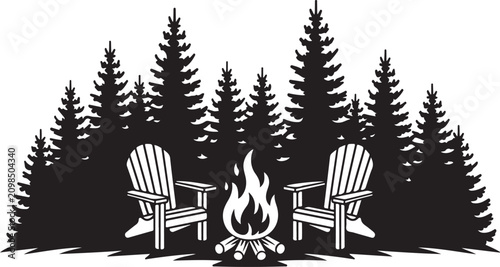 Canvastavla Two wooden adirondack chairs around a campfire in a forest