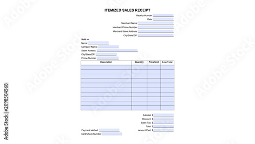 Itemized Receipt fillable form, color vector illustration