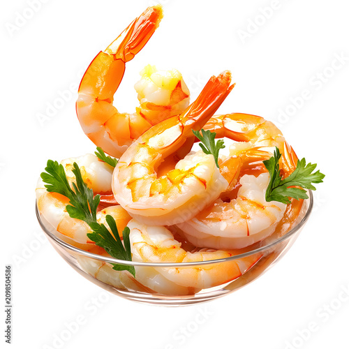 Cooked pink shrimp garnished with fresh parsley in a clear glass bowl isolated on a transparent background