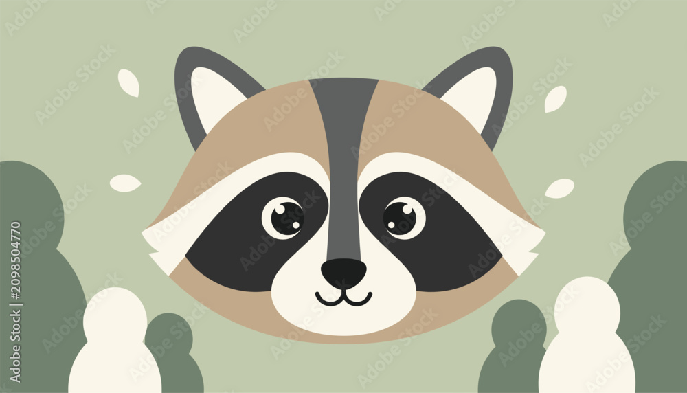 Fototapeta premium Adorable portrait of a fluffy raccoon head surrounded by soft green bushes on a pale olive background.