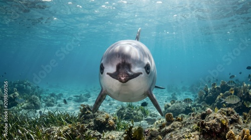 Curious vaquita approaching the underwater camera, direct eye contact, crystal clear water, authentic marine habitat
