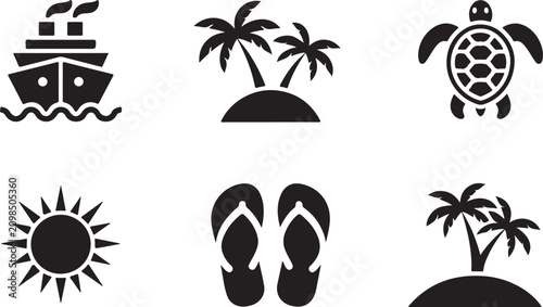 Foto Black and white flat icons of vacation and beach elements