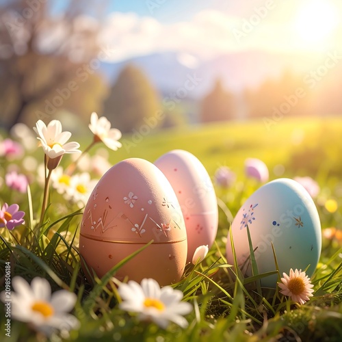 Spring easter eggs nestled in grassy meadow with wildflowers and sunlight