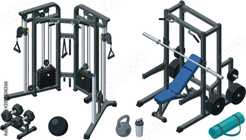 Photos Isometric gym equipment set with cable crossover machine power rack bench press