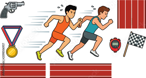Schilderij op canvas Two athletes running sprint race on athletics track with medal stopwatch starter