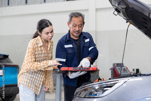 Auto mechanic demonstrates a diagnostic tool to a female customer while inspecting a car engine in a modern service garage, hood open and another vehicle in the background.