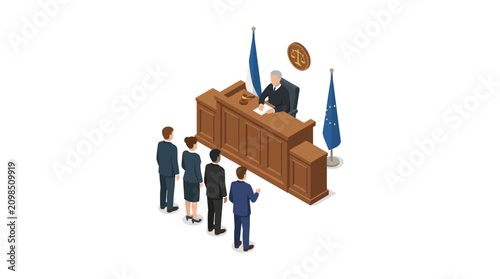 Obraz na płótnie Isometric vector illustration of a courtroom hearing with a judge
