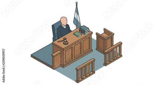 Obraz na plátne Isometric illustration of a judge presiding over a courtroom