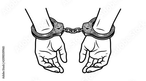 Foto Illustration of human hands bound by decorative metal handcuffs